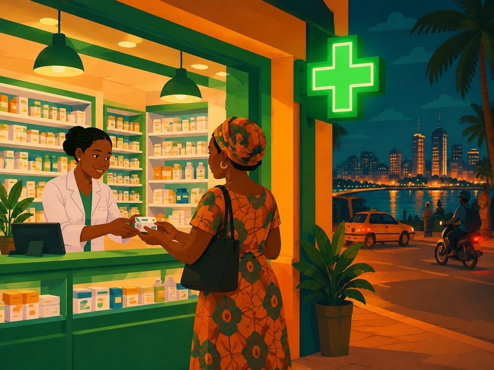Pharmacie de nuit à Abidjan : une pharmacienne remet un médicament